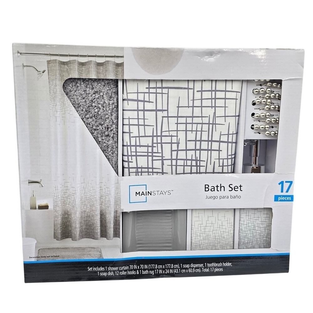 Mainstays 17 Piece Bath Set Grey White Grid Shower Curtain Rug Accessories bb3